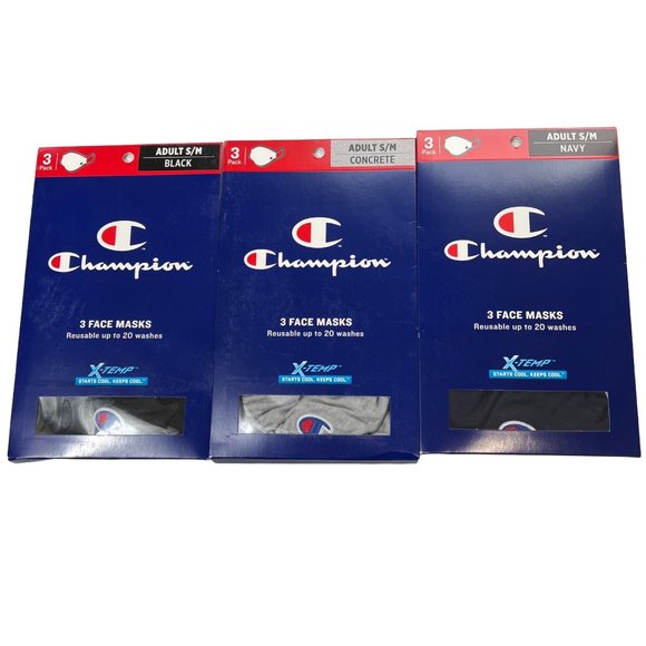 Champion 9 Adult Face Masks 3 Boxes Of 3 Black, Navy, Concrete S/M Reusable - Picture 1 of 12